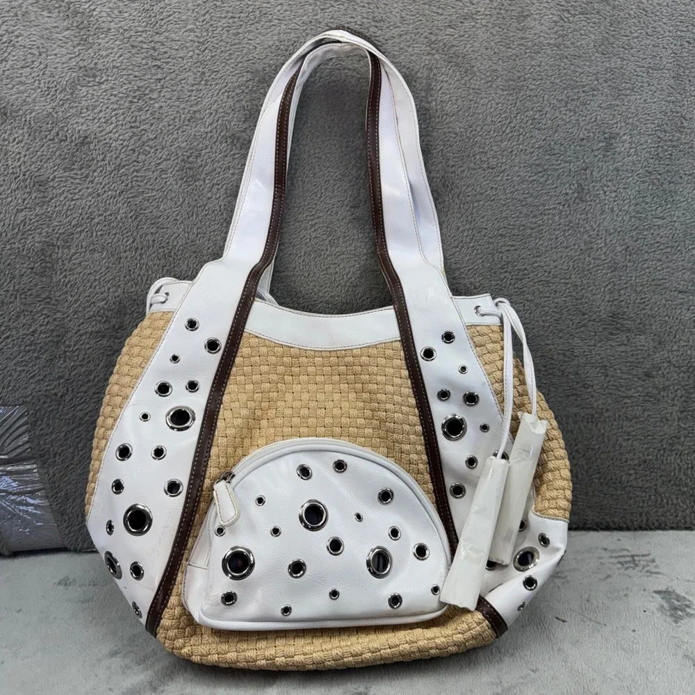 Sharif Studio Straw Hobo‎ Bag Women Large White Beige Good Woven Grommet Tote